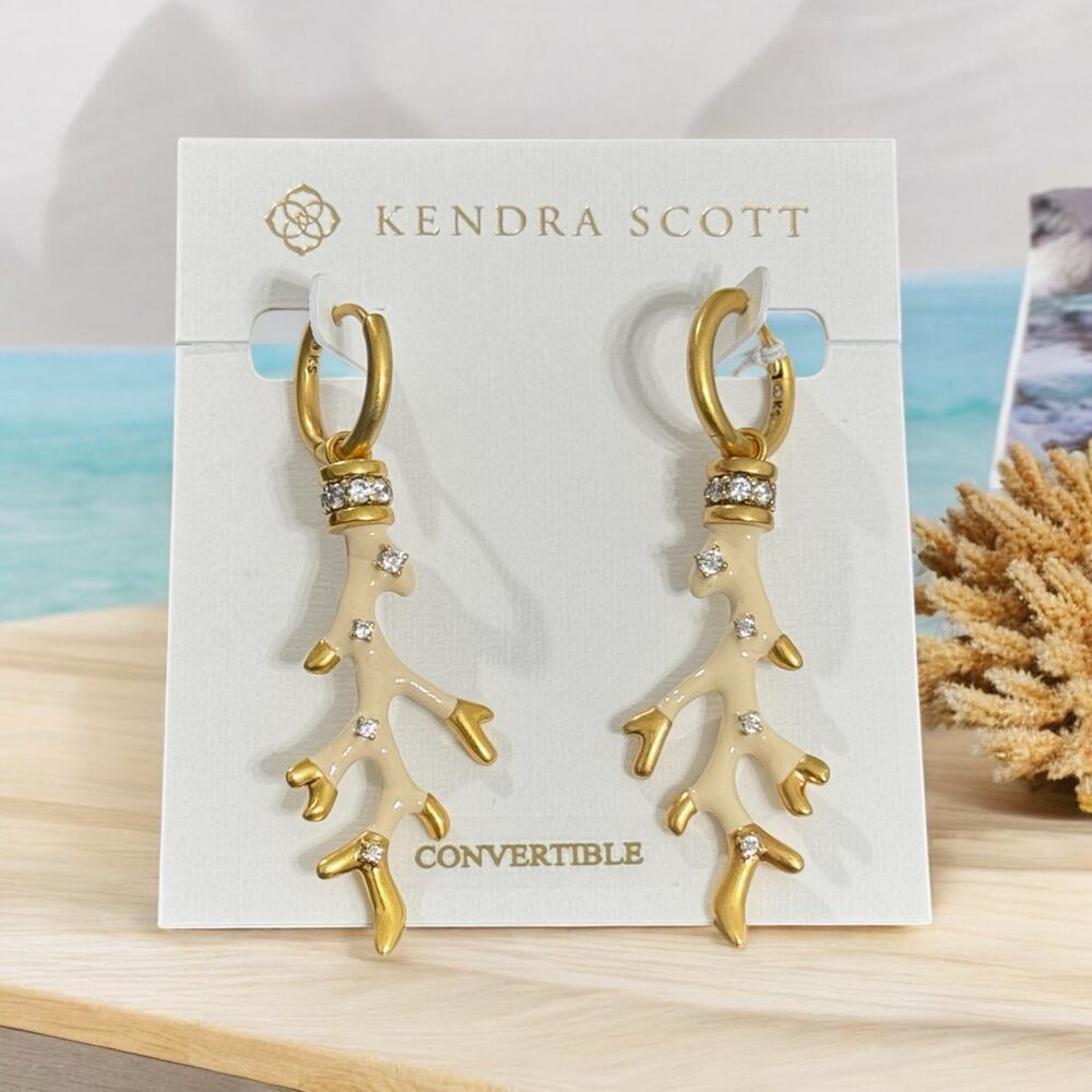 NWT! Kendra Scott Shea Convertible Vintage Gold Huggie Earrings in Ivory Enamel